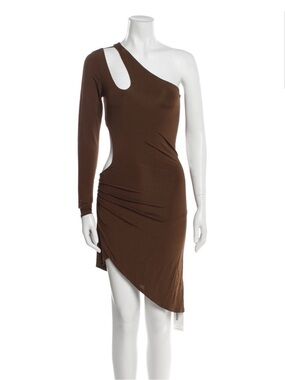 Ronny Kobo Collection One-Shoulder Brown Asymmetric Cutout Dress
